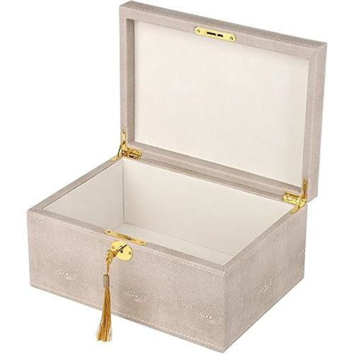 HofferRuffer Faux Leather Decorative Box, Large Wooden Structure Keepsake Box Accessory Organizer Jewelry Organizer with Hinged Lid, Storage Container for Home or Office (LightGrey)