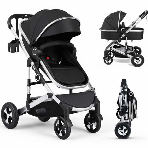 AILEEKISS 3-in-1 Convertible Baby Stroller with Big Seat and Adjustable Canopy, 24 Pounds, Black Silver