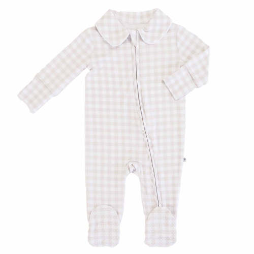 Peter Pan Collar Zipper Footie | Taupe Gingham