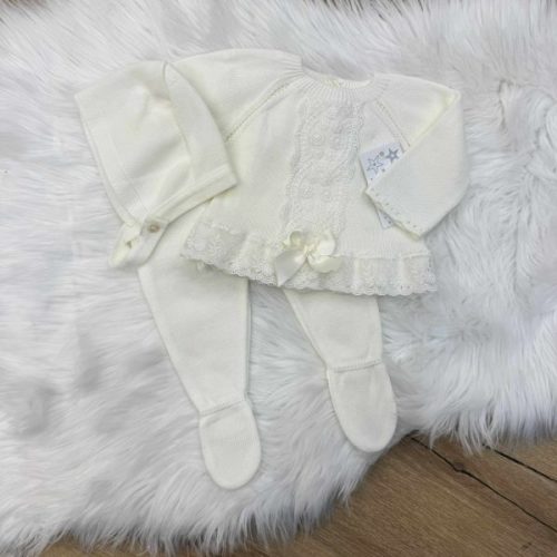 C9022 Cream knitted Trouser Set with Lace Detail - Trendy Tots Baby Boutique