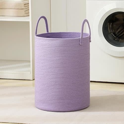 Laundry Basket Hamper Tall Rope Storage Woven for Blanket Toys Dirty Clothes in Living Room Bathroom Bedroom Purple 60L/15.8Gal