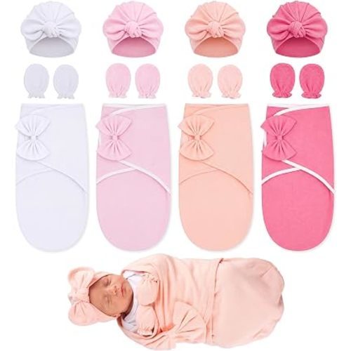 4 Sets Preemie Swaddle Blanket with Hats and Mittens, Pure Cotton Breathable Newborn Swaddle Baby Wraps, Soft Adjustable for Preemie Girls Boys, Newborn Gift(Cute Style)