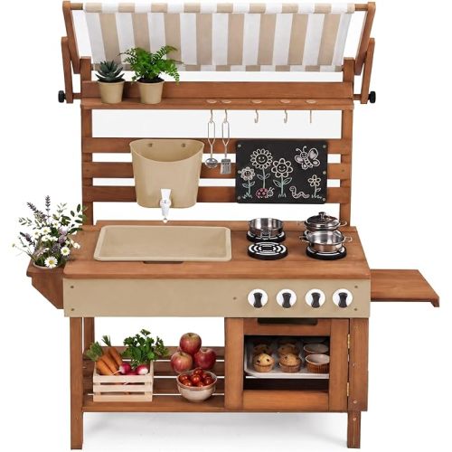 Best Choice Products Mud Kitchen for Kids Outdoor, Deluxe Wooden Play Kitchen with Canopy, Water Tank & Faucet, Sink, 14-Piece Accessories, Gardening Toy, Backyard Pretend Cooking Set - Beige