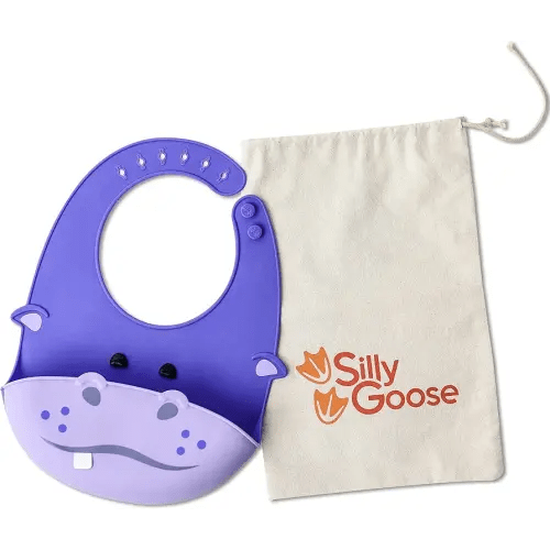 Silly Goose Silicone Animal Baby Bibs for Babies and Toddlers, Waterproof, Adjustable, Soft, Extra Wide Food Catcher Pocket (Baby Hippo)