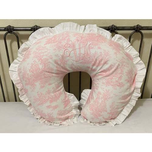 Pink Toile Nursing Pillow Cover with Ruffle, Baby Girl Nursing Pillow - Just Baby Designs