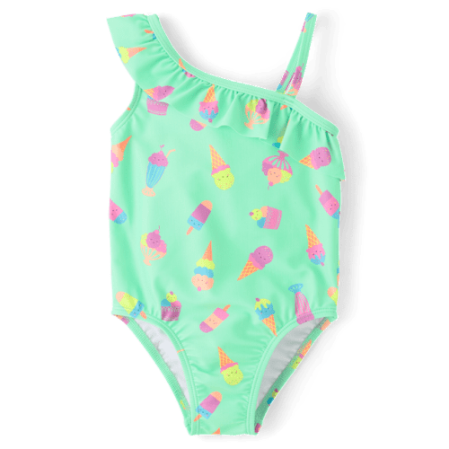 Baby And Toddler Girls Ice Cream One Shoulder One Piece Swimsuit - Green