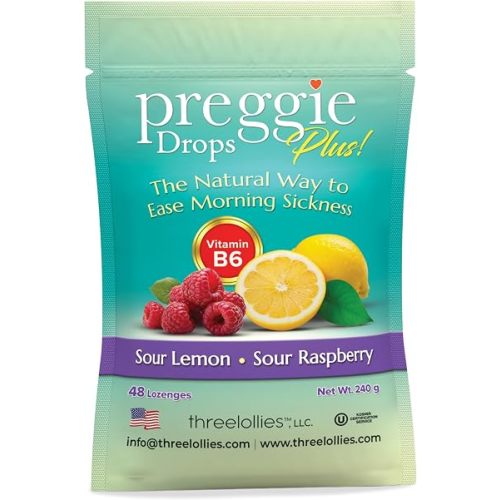 Three Lollies Preggie Drops Plus - 48 Lozenges - Ease Morning Sickness During Pregnancy, Natural, Sour Lozenges for Nausea With Vitamin B6, Sour Lemon & Raspberry Flavors