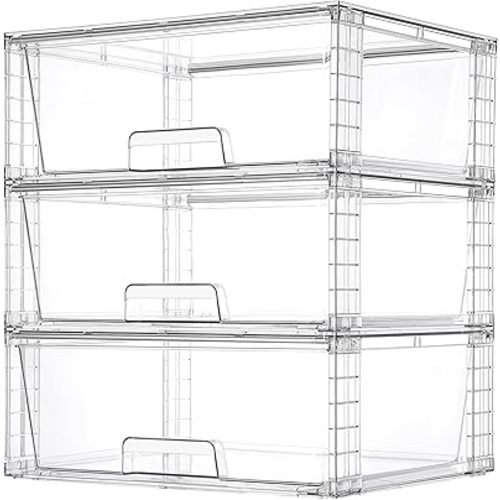 Vtopmart 3 Pack Large Stackable Storage Drawers,Easily Assemble Clear Acrylic Bathroom Closet Undersink Organizers,Plastic Storage Bins for Cabinet,Kitchen Pantry,Medicine Organization
