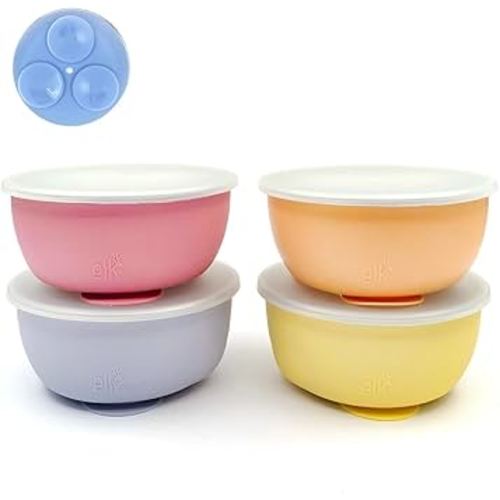 Elk and Friends Stainless Steel Bowls with Silicone Sleeve for Babies & Toddlers | Lids Included | Stay Put Suction | Cereal & Snack Bowls | 4 Pack