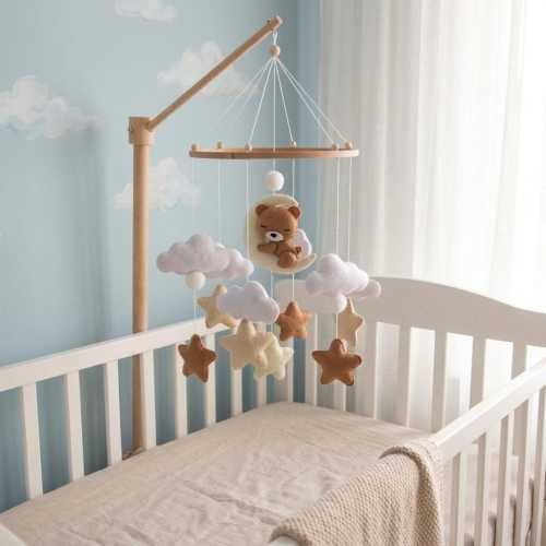 Brown Teddy Bear Nursery Mobile – Baby Crib Mobile, Neutral Woodland Nursery Decor, Bear Hanging Mobile, Baby Shower Gift, Gender Neutral