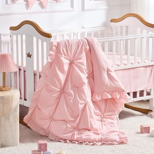 Princess Crib Bedding Set for Girls, 3 Piece Ruffles Jacquard Embroidery Baby Girl Crib Bedding Set Newborn, Infant & Nursery with Quilted Comforter, Crib Fitted Sheet and Crib Skirt, Pink