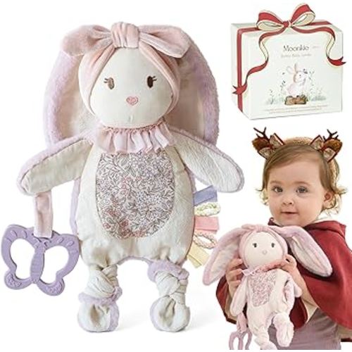 Moonkie Baby Lovey with Silicone Teether, Bunny Security Blanket with Textured Ribbons, Crinkle Toys, Soft Minky Velour & Natural Cotton, Newborn Girl Gift for Baby Shower or Birthday