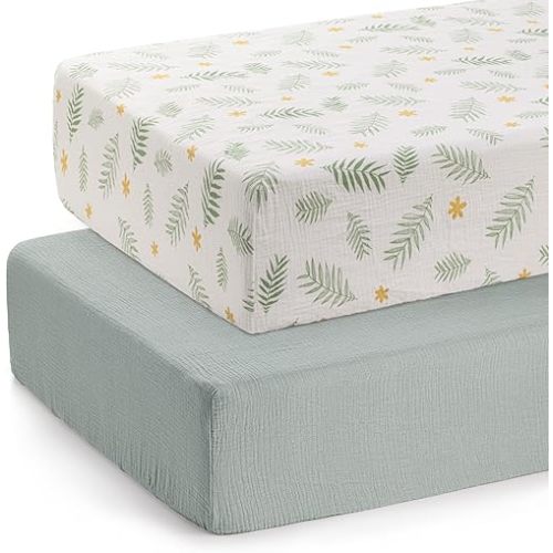 Muslin Crib Sheets for Girl Boy, 2 PCS Soft and Breathable Cotton Baby Sheets for Standard Crib Mattress, 52"x 28" (Green, Leaf)
