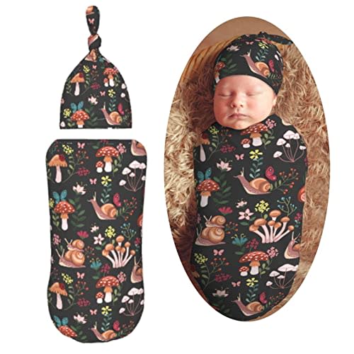 Muishi Mushrooms Snails Butterflies Newborn Swaddle Blankets Hat Sets Soft Baby Receiving Blanket Swaddle Sack for Baby Shower Infant Boy Girl Gift