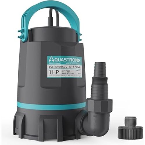 Aquastrong Sump Pump 1 HP 4500 GPH Submersible Water Pump Thermoplastic Portable Utility Pump High Flow Water Removal for Swimming Pool Garden Pond Basement Window Wells with 10ft Long Power Cord