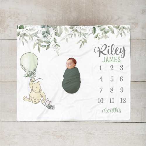 Winnie the Pooh Milestone Blanket, Personalized Classic Pooh Bear and Piglet Baby Boy Blanket, Newborn Shower Gift SM615b