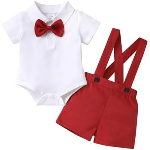 Happy Town Baby Boy Clothes Suits Infant Gentleman Wedding Outfit Dress Shirt Bowtie and Suspenders Shorts Set