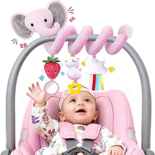 Spiral Car Seat Toys for Baby Girls 0-6 Months, Cute Pink Elephant Strawberry Stuff, Perfect Newborn Shower Gifts for Girls Essentials