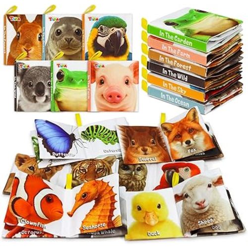 Taika 6PCS Soft Books, Cloth Books, Bath Toy, Sensory Baby Toy, Soft Fabric Shower Gifts, Wild Wonders World, Educational Learning for Baby Infant, Crinkle Squeaky Washablem Non-Toxic