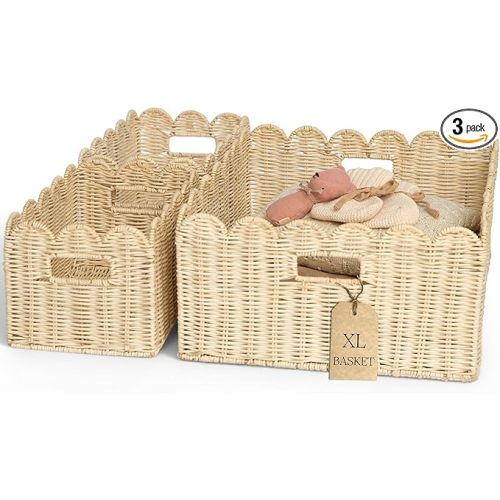 BEBE BASK Handwoven Scalloped Wicker Basket – Rattan Scalloped Basket Set of 3 (17 × 13 × 7 in), Wicker Baskets for Organizing, Wicker Storage Baskets for Shelves, Nursery and Home