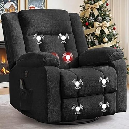 Rocker Recliner, Glider Recliner Chairs for Adults, 360° Swivel Rocking Chair with Massage and Heating, Nursery Chair with Storage and USB Charging for Living Room, Bedroom, Nursery