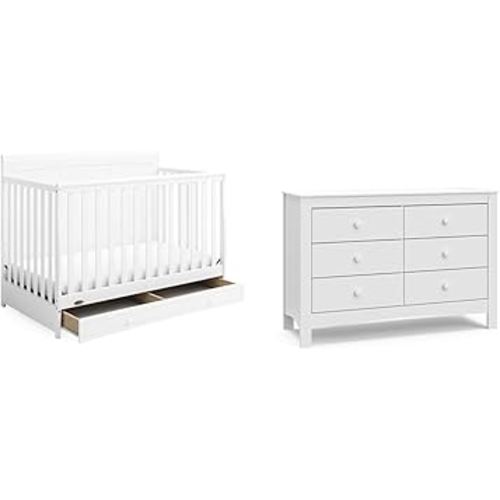 Graco Asheville 4-in-1 Convertible Crib with Drawer (White) – GREENGUARD Gold Certified & Noah 6 Drawer Double Dresser (White) - GREENGUARD Gold Certified, 6 Drawer Double Dresser