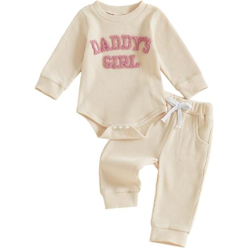allshope Newborn Baby Girl Fall Outfit Romper Long Sleeve Daddy Girl Embroidery Jumpsuit Bodysuit Pants Infant Waffle Clothes