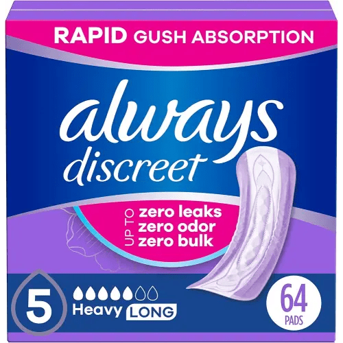 Always Discreet Adult Incontinence Pads for Women, Heavy Absorbency, Long Length, Postpartum Pads, 64 Count (2 Packs of 32)