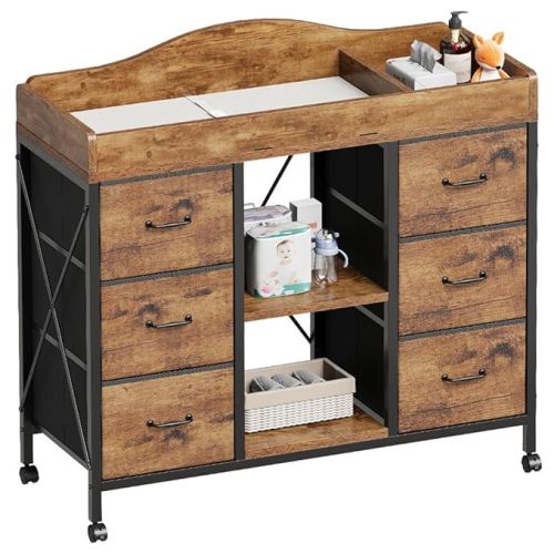 Changing Table, 6-Drawer Baby Dresser with Changing Table top,Waterproof Diaper Changing Station & Pad, 2 Height-Adjustable Open Storage Shelves, Mobile Nursery Organizer, Rustic Brown
