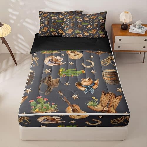 Erosebridal Vintage Western Cowboys Zipper Bedding Twin Boy Girl Cute Cowboy Boot Hat Zipper Bedding Stars Guitar Cactus Zip Up Comforter Set Country Music Zip Up Bed in A Bag