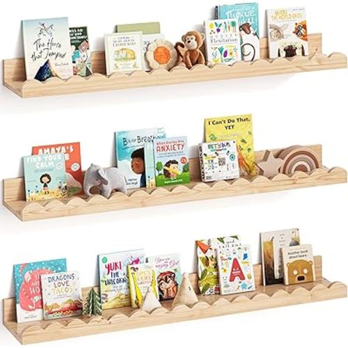 G&W Gruwald Nursery Book Shelves, Set of 3, Nursery Decor for Baby and Toddler, Scalloped Shelves, Book Shelf for Kids Rooms, Wall Book Shelf for Bedroom Kids (Wood, 36 Inches)