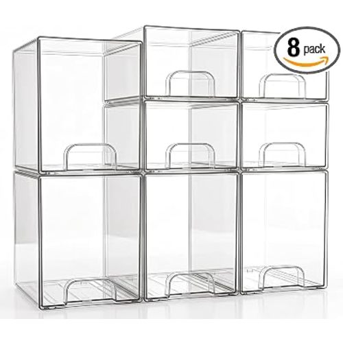 Clear Stackable Storage Drawers: Baby Bottle Storage Organizer, Acrylic Bottles Station Organizer Container for Countertop, Vanity, Bathroom, Cabinet Organization - 8 Pack