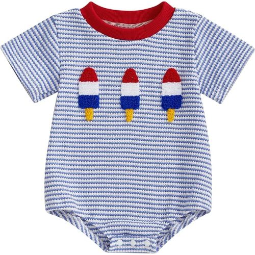 VISGOGO Unisex Baby Boy Girl Striped Romper Waffle Short Sleeve Bubble Oversized Romper - 6-12M