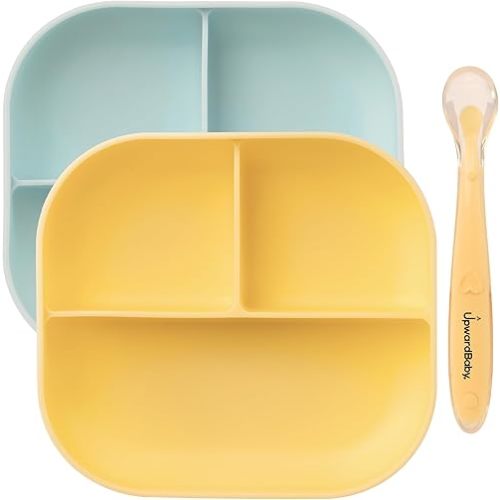 UpwardBaby Baby Plates and Spoon Set - Silicone Divider Suction Plates for Babies, Toddlers & Kids - Less Mess, Easy Portion Feeding Set - Non-Slip, Non-Toxic, BPA Free - Blue/Yellow