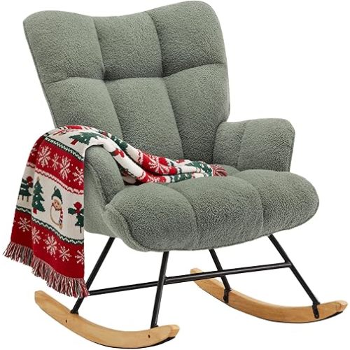 Rocking Chair Nursery Teddy Rocking Accent Chair Upholstered Glider Rocker Armchair Comfy Side Chair Padded Seat with High Back for Living Room Bedroom Offices (Light Green)