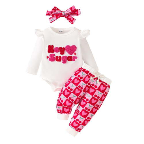GYRATEDREAM Newborn Baby Girls Valentine's Day Outfits Infant Ruffle Long Sleeve Love Print Romper Bodysuit Pants Headband 3Pcs Set Toddler Fall Winter Clothes White for 0-18M