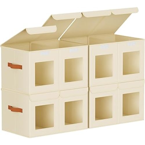 Homsorout Large Closet Storage Bins - Collapsible Divided Clothes Organizer with Lids & Dual Window, Fabric Organizing Bins for Clothes, Sweater, Bedroom, Office (Beige, 4 Pack)