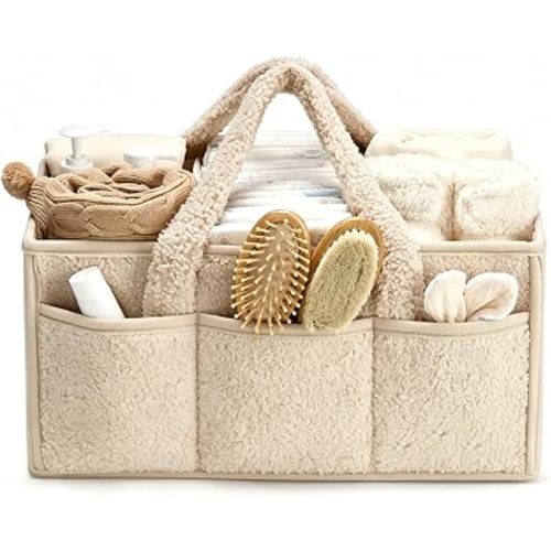 Baby Diaper Caddy Organizer with Handle, Large Nursery Storage Basket for Newborn Essentials, Wipes, Diapers, Lotions and Baby Items, Portable Diaper Storage Basket with Removable Dividers
