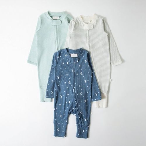 Picolette by Olivia Culpo Baby Boys' 3pk Long Sleeve Pajama Romper fold over footie cuff - Blue 6-9M