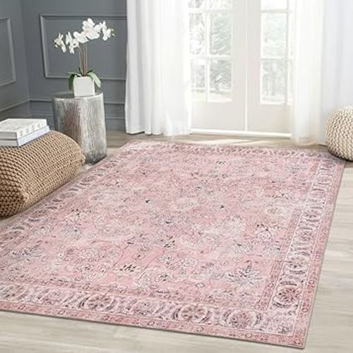 Doria Vintage Boho Area Rug, 3'6''×5'6'' Non-Slip Distressed Floral Rug, Thin Machine Washable Rug with Low Pile, Bohemian Nursery Rug for Living Room, Bedroom, Dining Room, Retro Pink