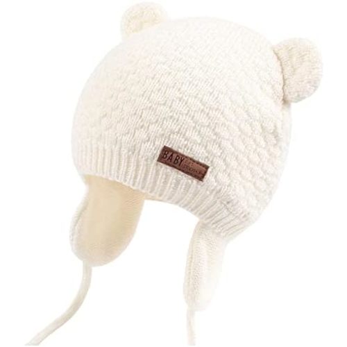 Baby Winter Hat, Bear Knit Earflaps Cotton Lined for Toddler Kids