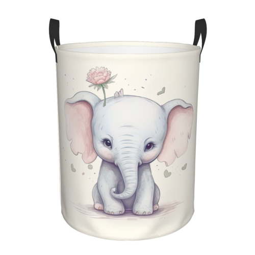 PHELIKA Pink Cute Elephant 01 Laundry Hamper Waterproof Foldable Oxford Fabric Organizer Large Storage Bins For Dirty Clothes Round Baby Laundry Basket Toy Organizer Baskets