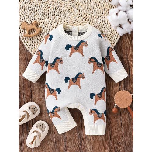 Infant Boys Cute Cartoon Horse Knitted Romper,Soft Thick Sweater For Autumn Winter,Side Snap Closure,Off-White,Matching Family,Photoshoot Casual