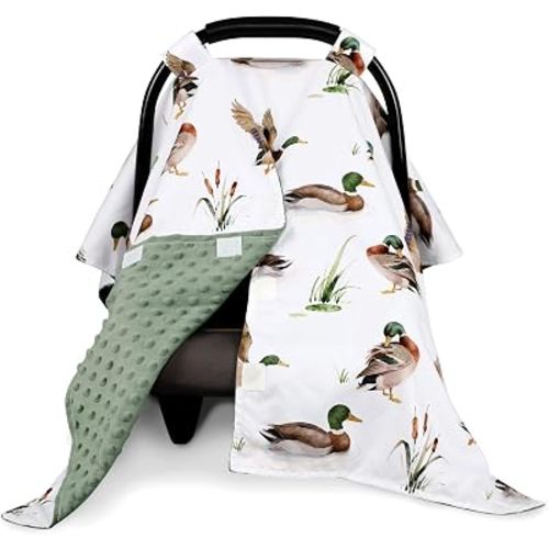 Green Car Seat Cover Baby Boy, Peekaboo Infant Car Seat Cover Summer, Multi-Use Newborn Carseat Canopy, Nursing Cover, Blanket, Mallard Duck