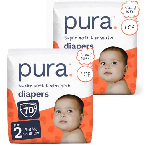 Pura Baby Diapers Size 2-70 Count, 12-18lbs, 12hr Leak Protection, Soft & Gentle Diapers for Hypoallergenic & Sensitive Baby Skin, Toxin-Free*, Organic Cotton, Blowout Blocker™, Wetness Indicator