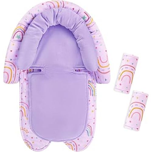 Infant Car Seat Insert with 2 Strap Pads, Carseat Cushion Baby Boy & Girl, Soft and Comfortable Carseat Head Support for Newborn, Purple Rainbow