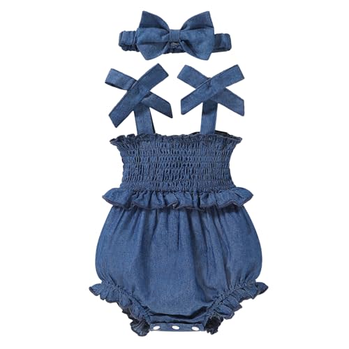 Baby Girl Romper Denim/Plaid/Stripe Newborn Infant Sleeveless Jumpsuit 0-3M/3-6M/6-12M/12-18M With Headband