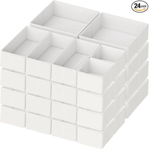 Criusia Drawer Organizer Clothes, 24 Pack Dresser Organizer for Baby Clothes, Underwear, Sock- Foldable Closet Organization and Storage Dividers Bins for Nursery, Bedroom and Dorm (White)