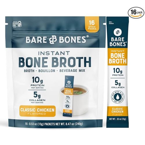 Bare Bones Classic Chicken Bone Broth Instant Powdered Mix Packets | 5g Collagen | 10g Protein | Keto & Paleo Friendly | No Artificial Flavors | Non-GMO, Gluten-Free, Dairy-Free on-the-go 16 Pack