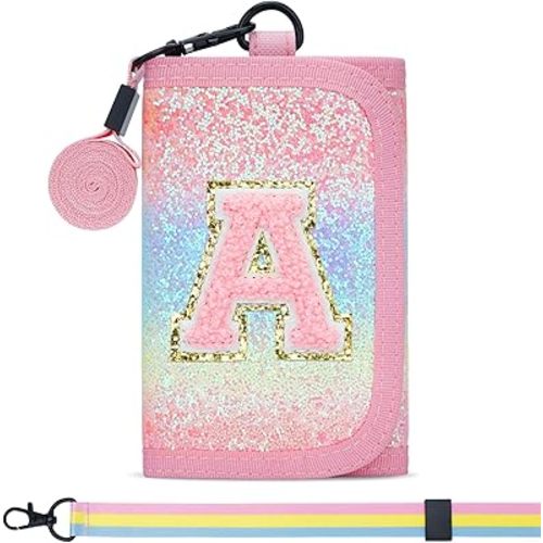 Gifts for Girls 3 4 5 6 7 8 9 10 11 12 Years Old Kids Wallet Cute Initial Coin Purse Toddler Wallet with Magic Sticker (Shiny Rainbow, A)